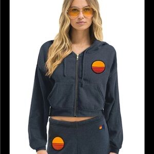 Aviator Nation Sunset Patch Relaxed Crop Zip Up hoodie S casual loungewear comfy